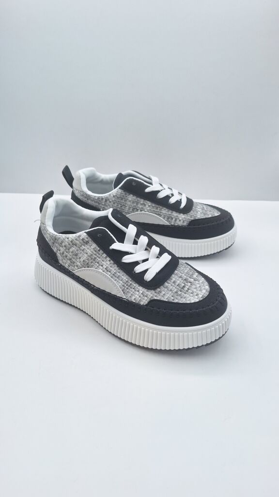 Black and Grey Textured Low-Top Sneakers with White Sole