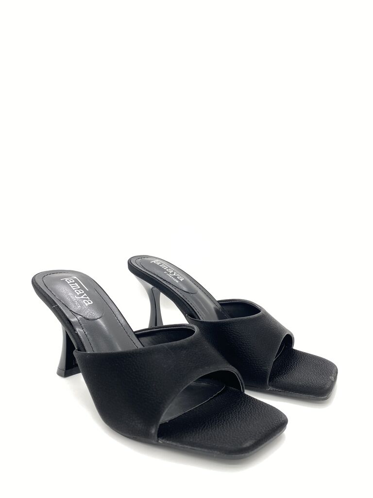 Heeled Mule Open-Toe Nappa BLACK