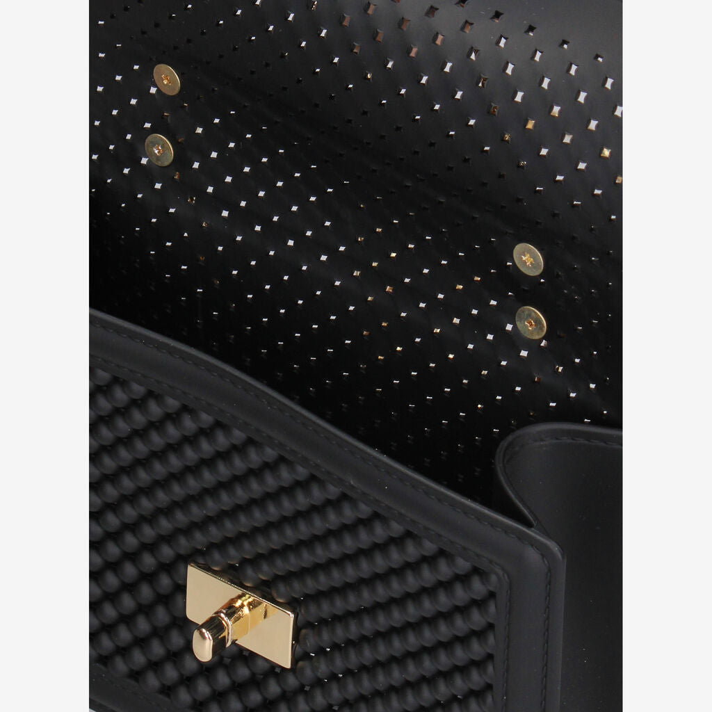 Black Textured Shoulder Bag with Gold Chain