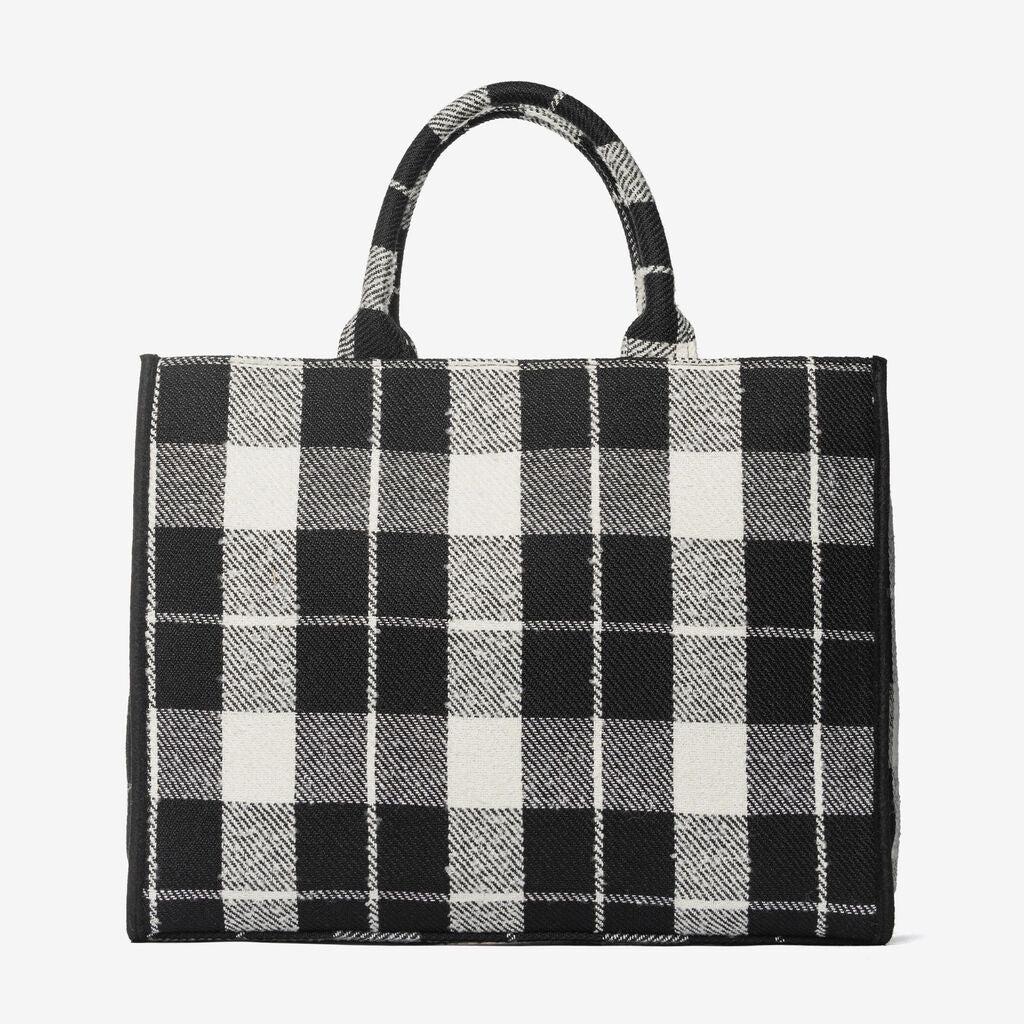 Black and White Plaid Tote Bag with Embroidered Details