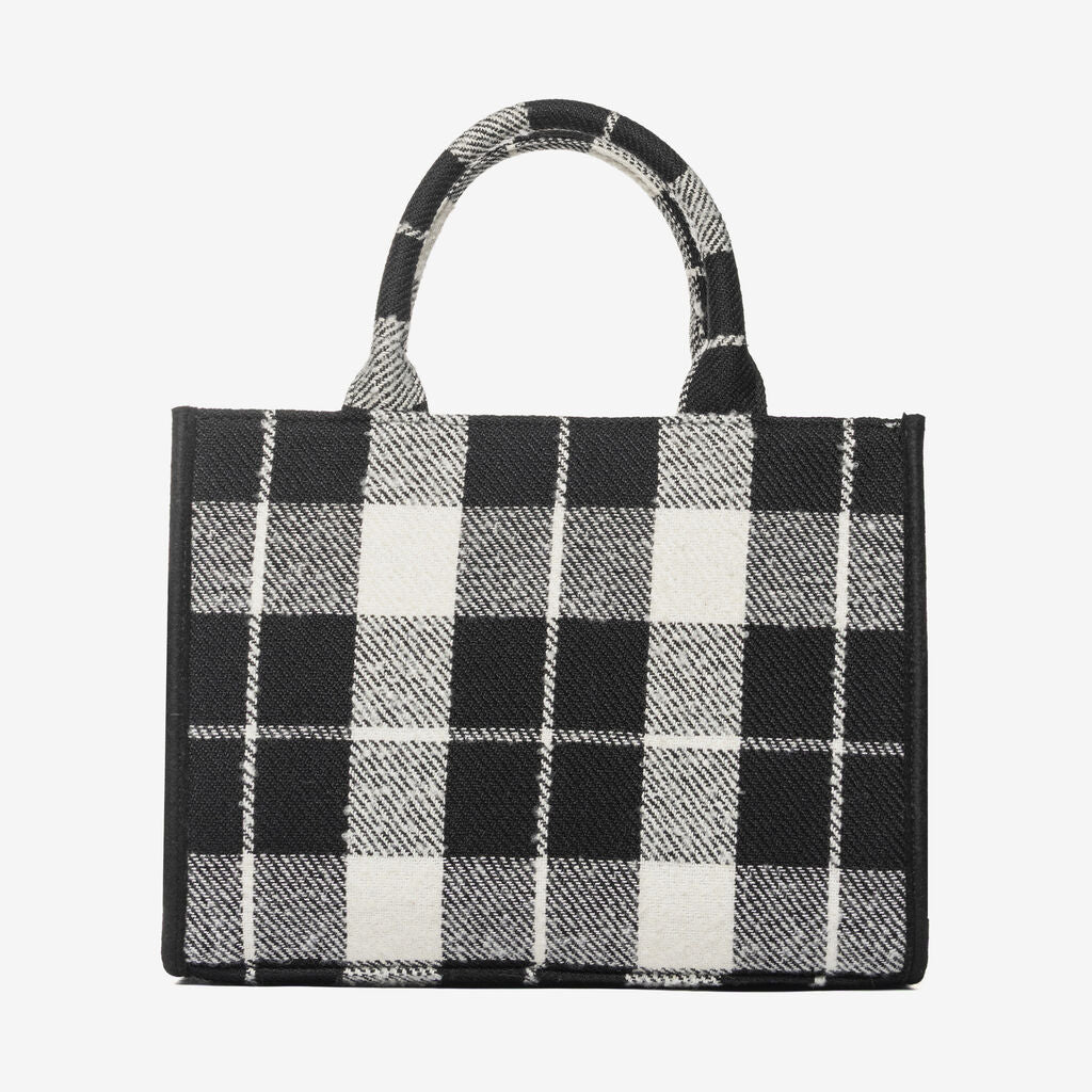 Black and White Plaid Tote with Embroidered Detail