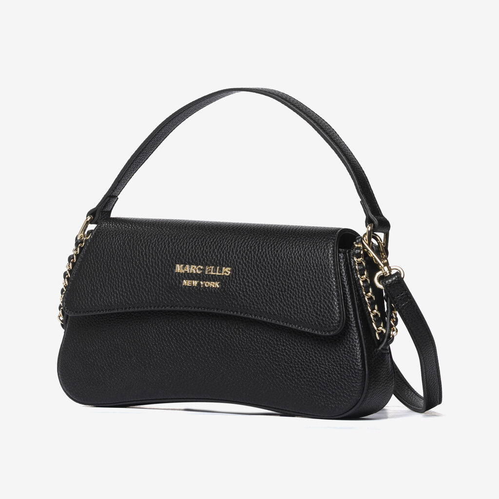 Black Textured Shoulder Bag with Chain Detail