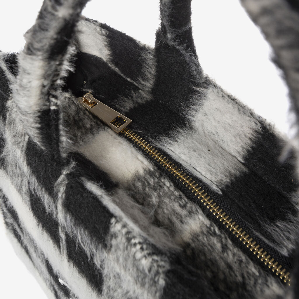 Black Plaid Handbag with Frayed Edges and Logo Detail