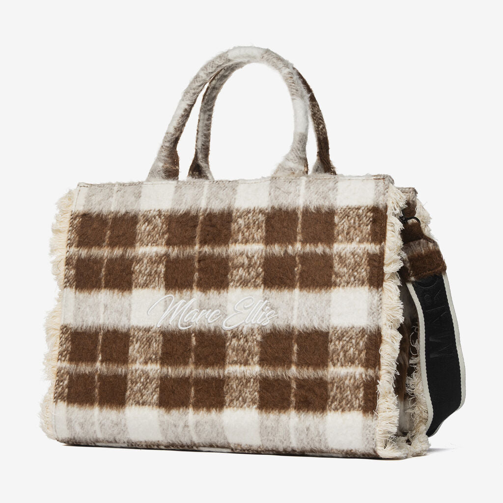 Brown Plaid Wool Tote Bag with Fringed Edges