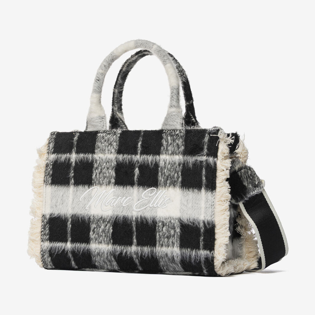 Black Plaid Wool Tote with Embroidered Logo