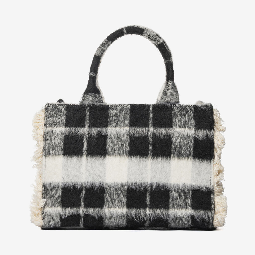 Black Plaid Wool Tote with Embroidered Logo