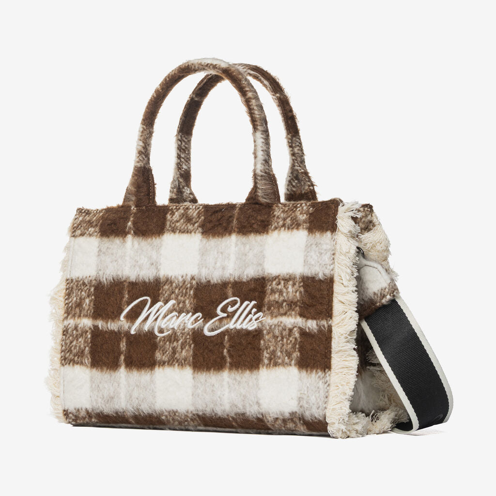 Brown Plaid Faux Wool Tote with Logo Accent
