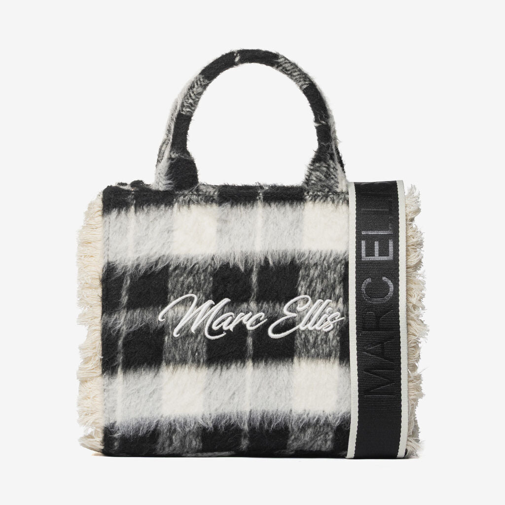 Black Plaid Textured Tote with Logo Strap