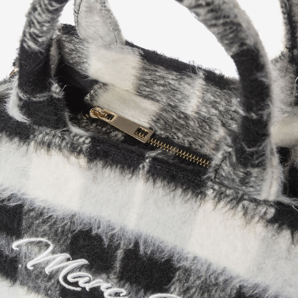 Black Plaid Textured Tote with Logo Strap