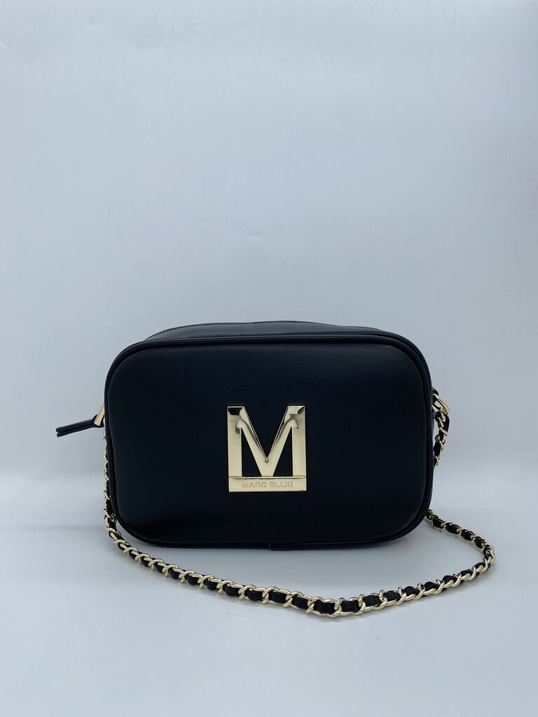 Black Leather Crossbody Bag with Chain Strap