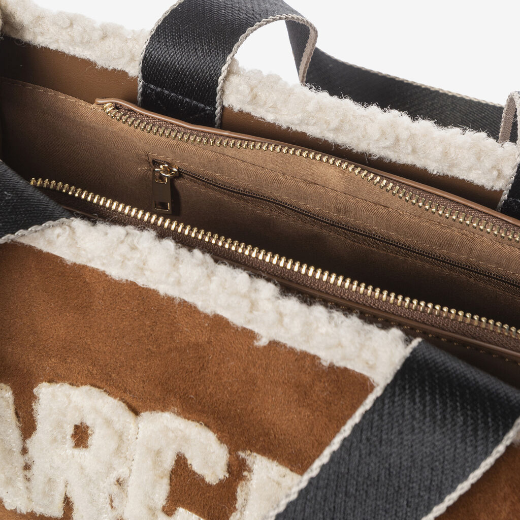 Brown Shearling-Trimmed Logo Tote Bag