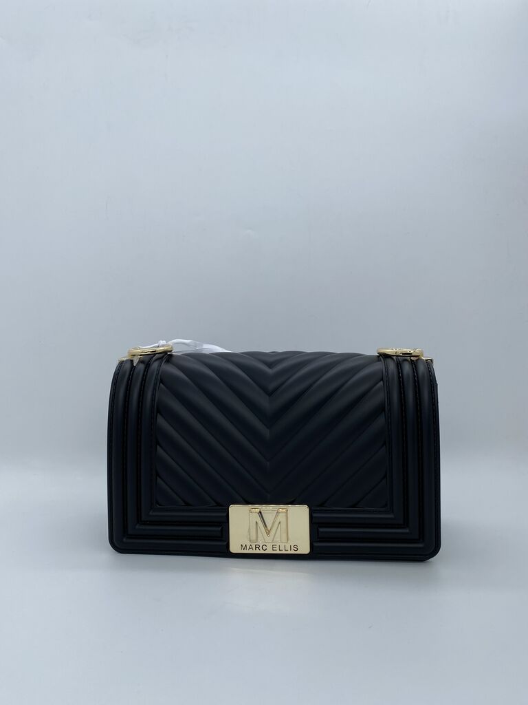 Black Quilted Shoulder Bag with Gold Accents