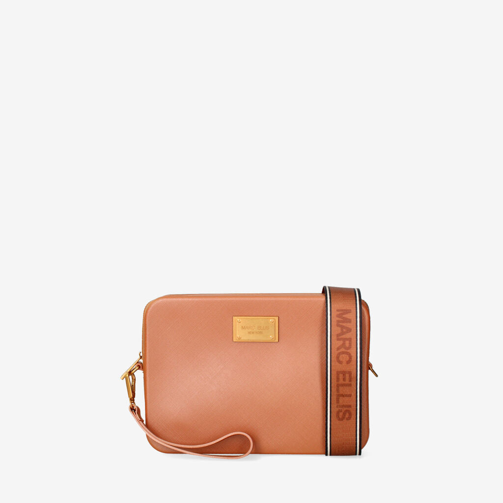 Camel Textured Clutch with Wrist Strap
