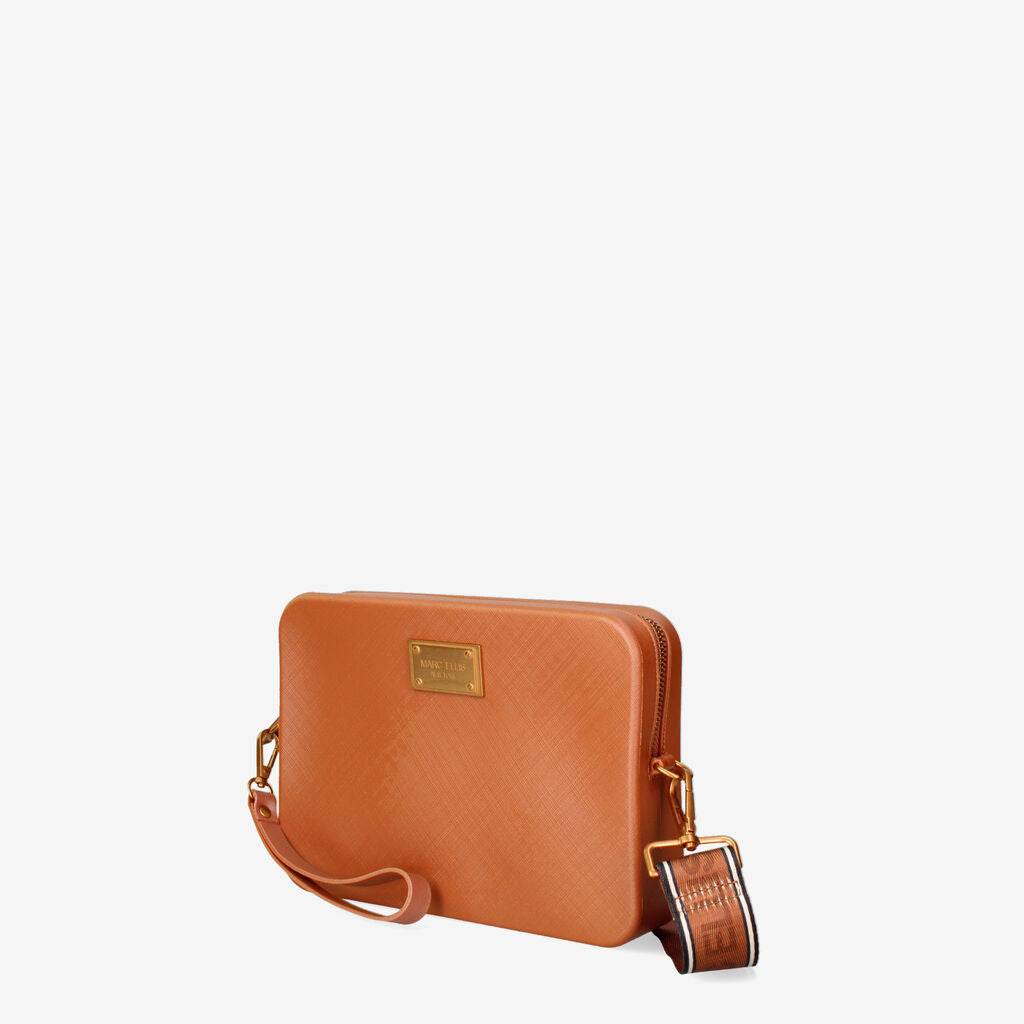 Camel Textured Clutch with Wrist Strap
