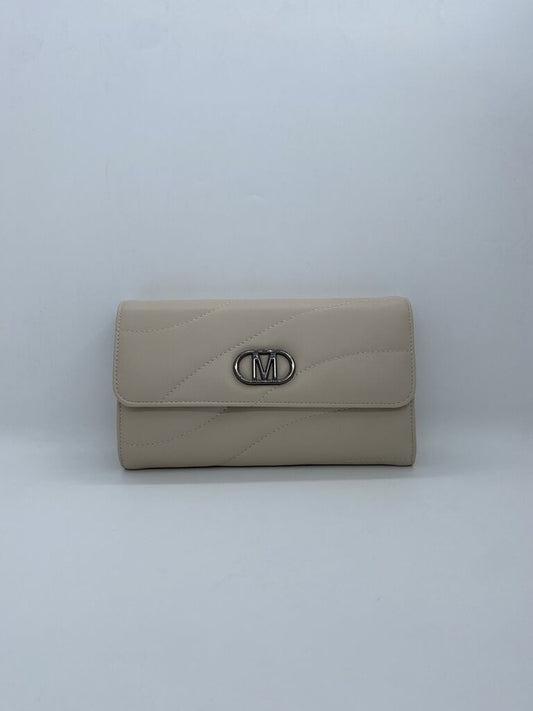Beige Quilted Clutch with Metal Logo Accent