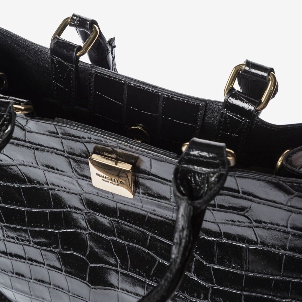 Black Croc-Embossed Tote Bag with Structured Handles