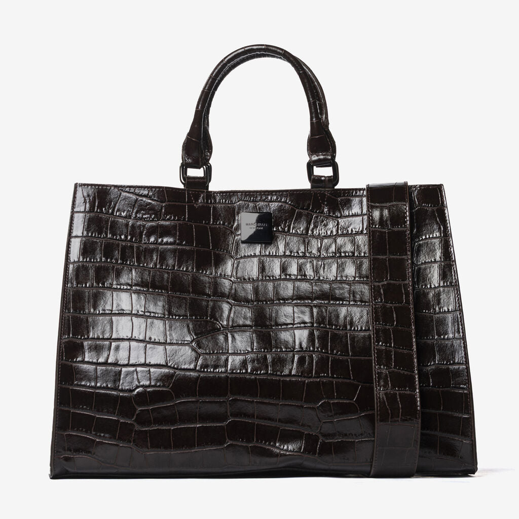 Glossy Croc-Embossed Tote with Structured Design
