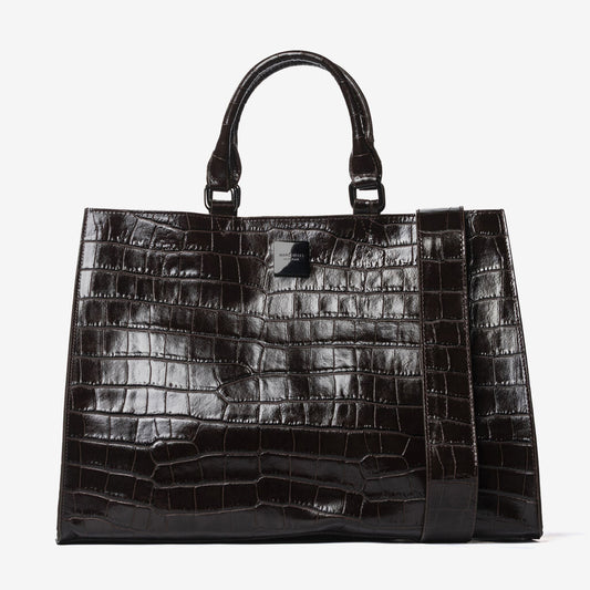 Glossy Croc-Embossed Tote with Structured Design