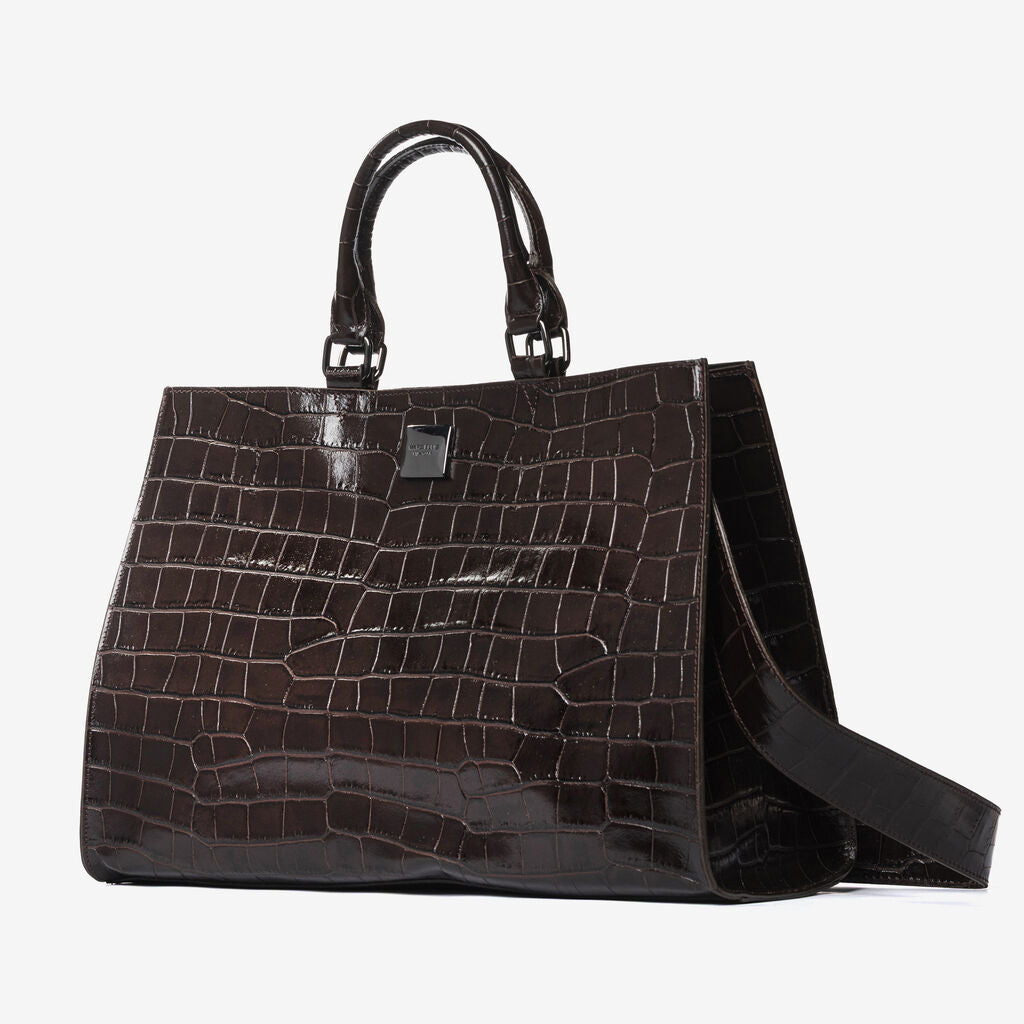 Glossy Croc-Embossed Tote with Structured Design