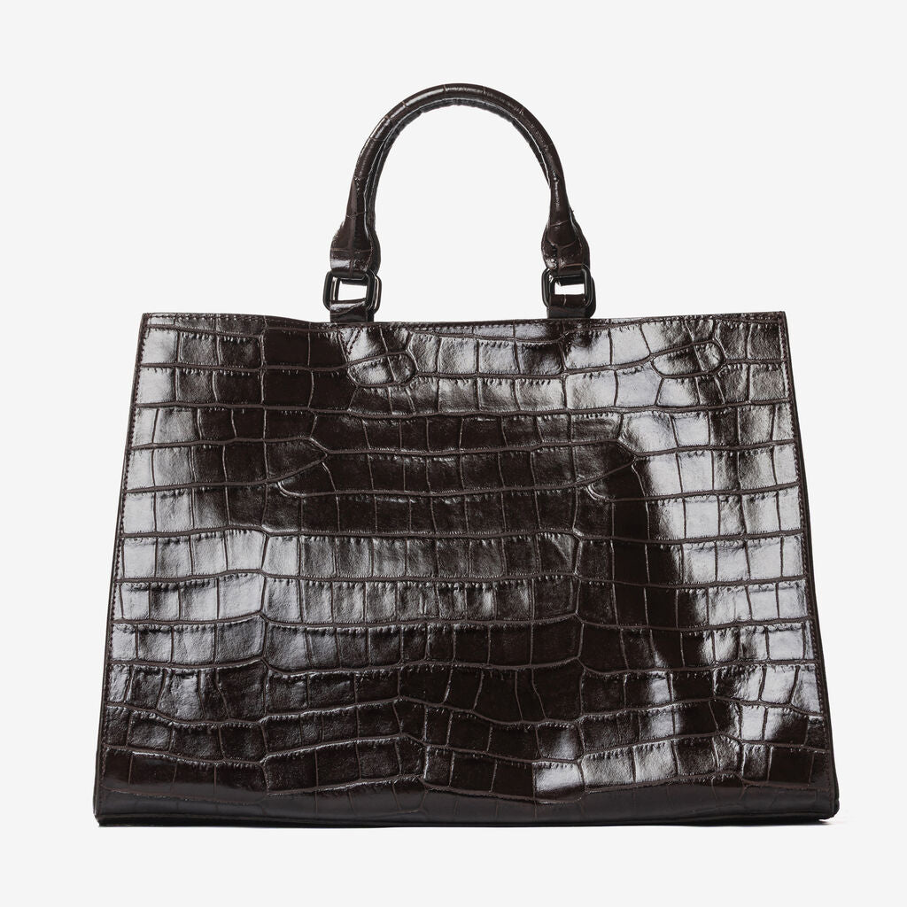 Glossy Croc-Embossed Tote with Structured Design