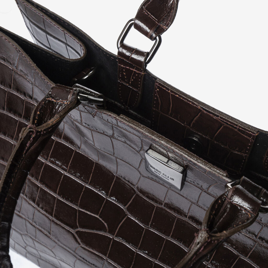 Glossy Croc-Embossed Tote with Structured Design