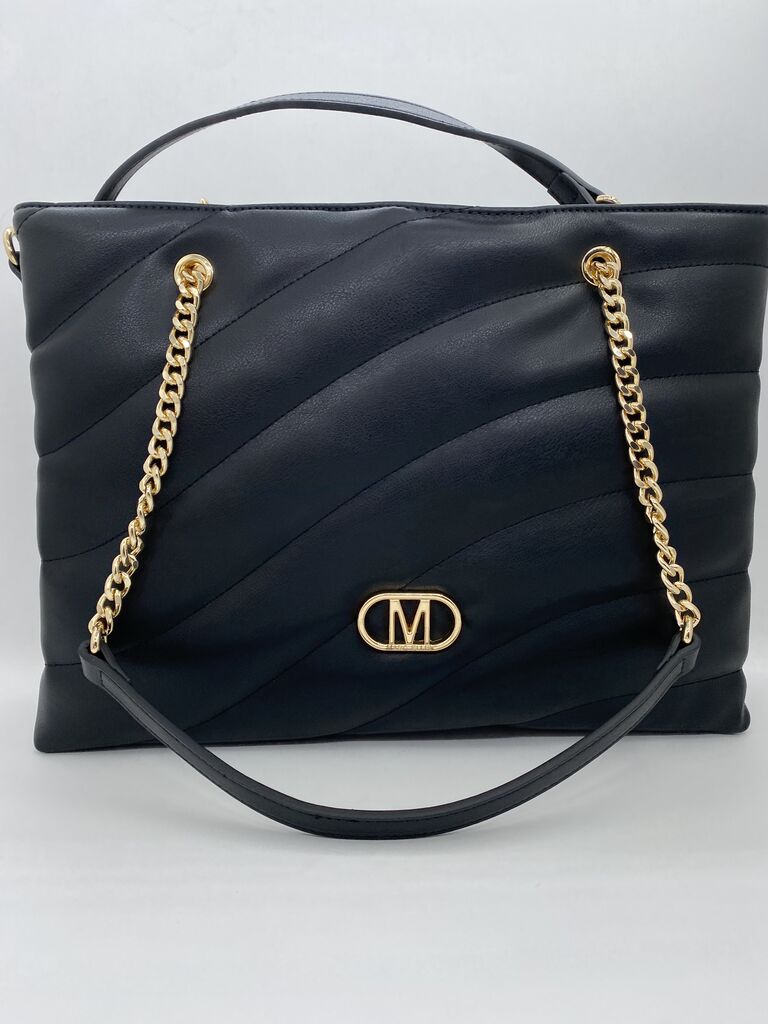 Black Quilted Tote Bag with Gold Chain Details