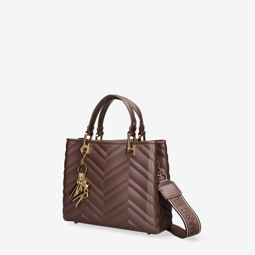Brown Quilted Tote Bag with Gold Charm Detail
