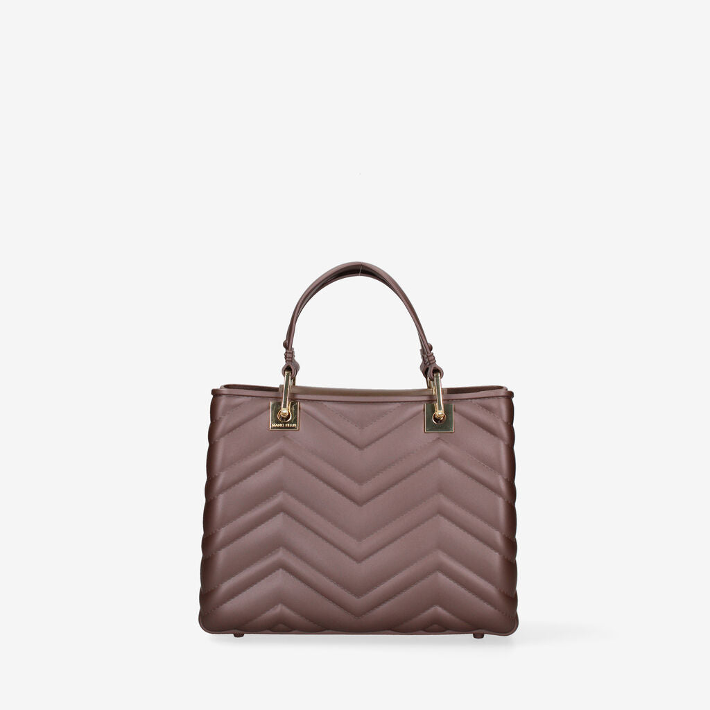 Brown Quilted Tote Bag with Gold Charm Detail