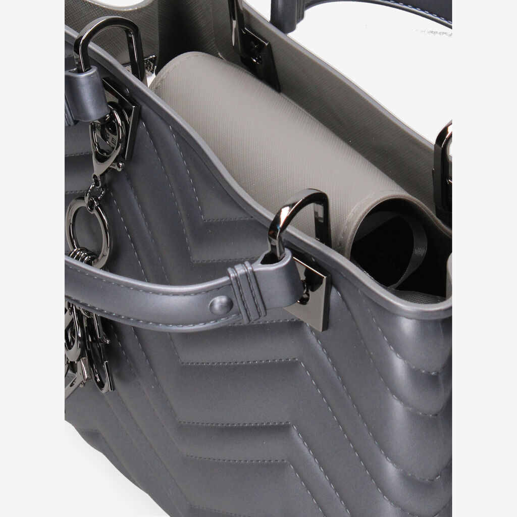 Silver Quilted Tote Bag with Charm Accent