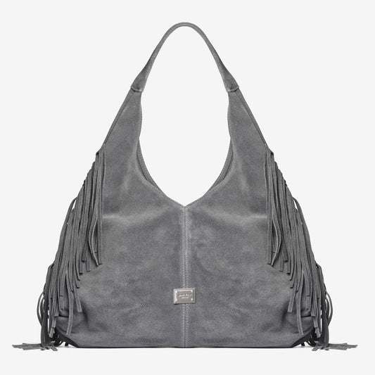 Gray Suede Hobo Bag with Fringe Detail