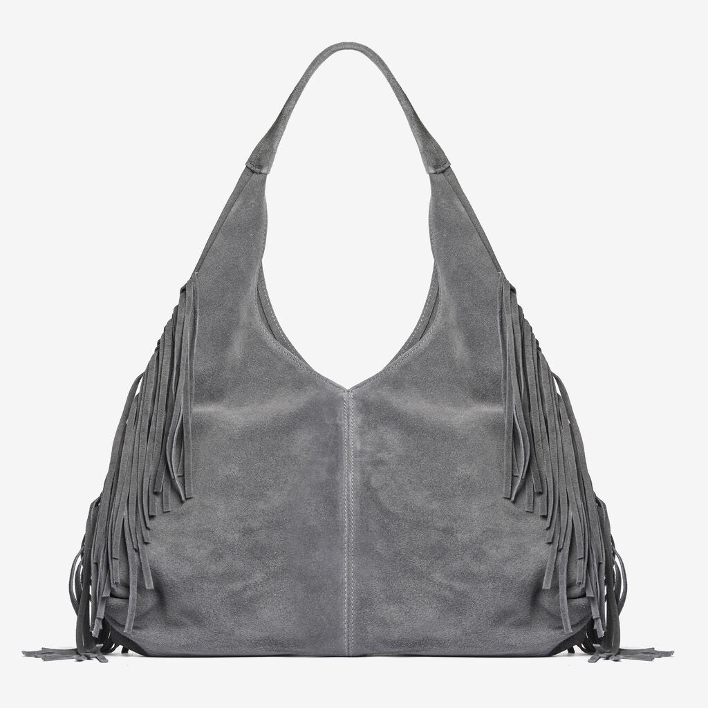 Gray Suede Hobo Bag with Fringe Detail