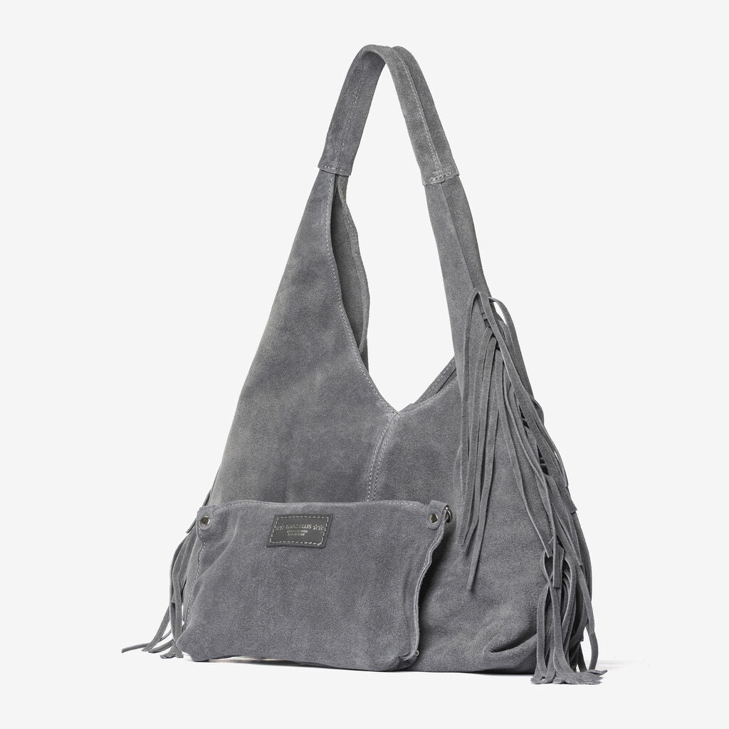 Gray Suede Hobo Bag with Fringe Detail