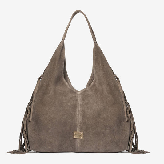 Taupe Suede Hobo Bag with Fringe Detailing