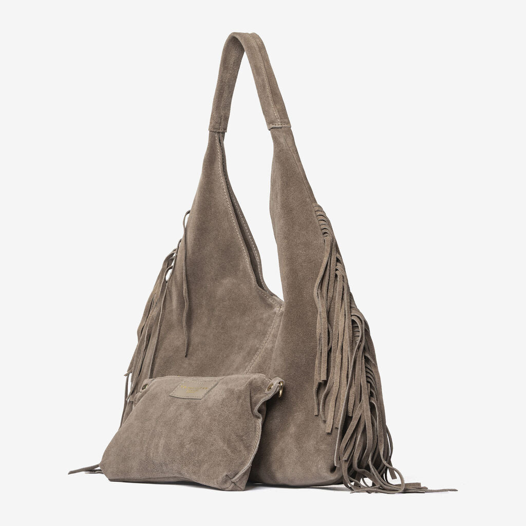 Taupe Suede Hobo Bag with Fringe Detailing
