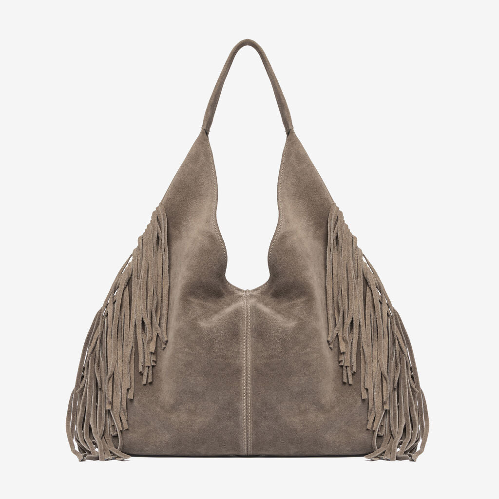 Taupe Suede Hobo Bag with Fringe Detailing