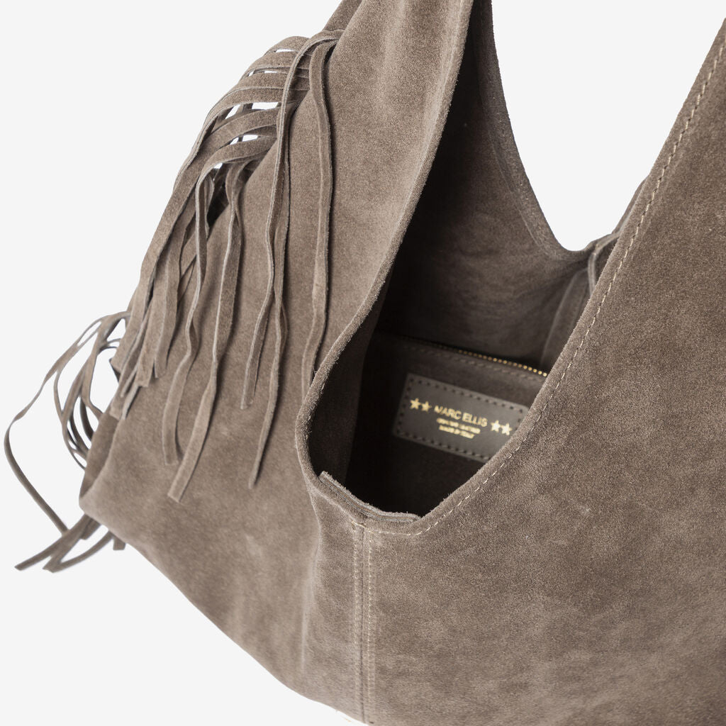 Taupe Suede Hobo Bag with Fringe Detailing