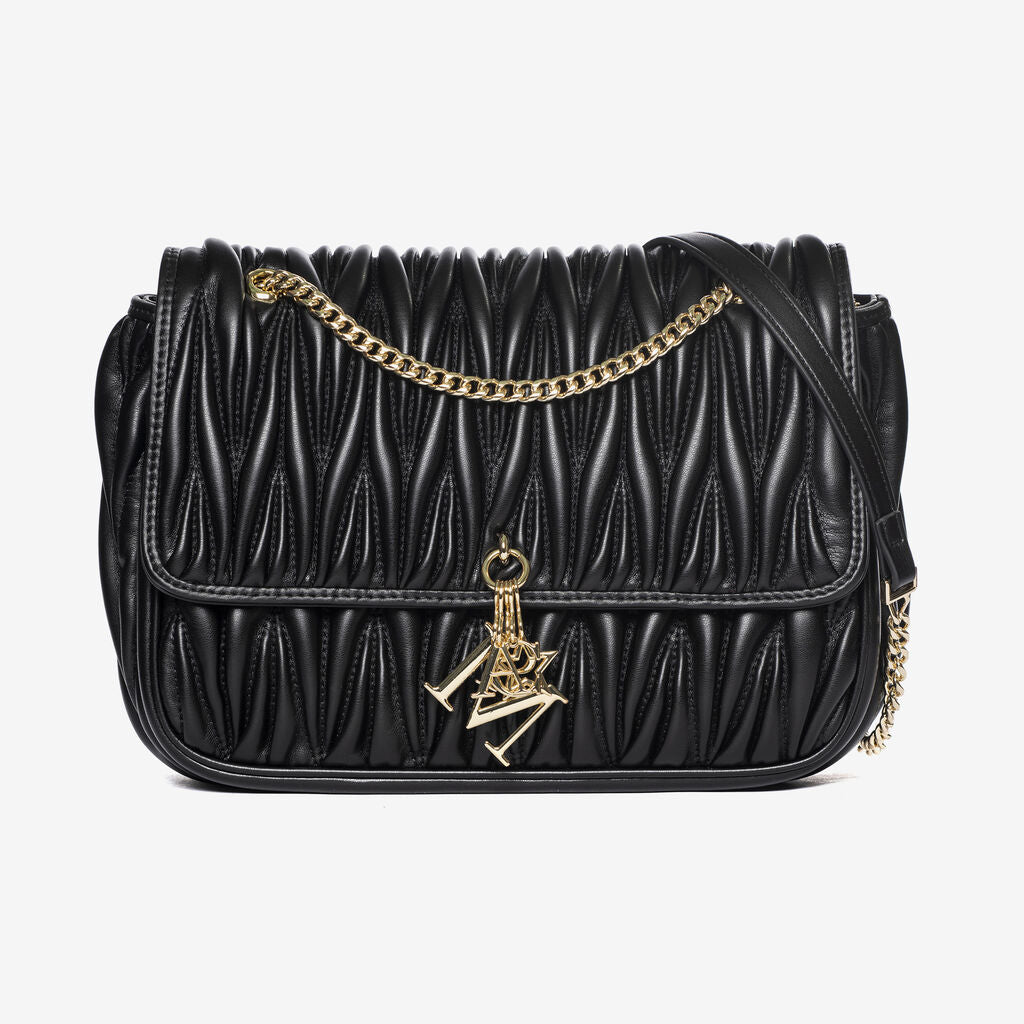 Black Quilted Leather Shoulder Bag with Gold Chain