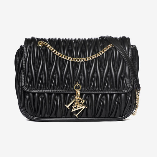 Black Quilted Leather Shoulder Bag with Gold Chain