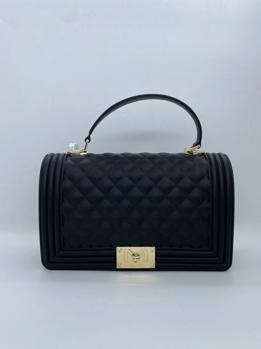 Black Quilted Handbag with Gold Accents