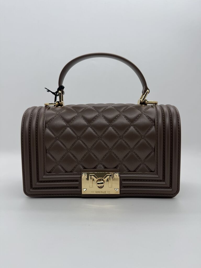 Taupe Quilted Leather Handbag with Gold Accent