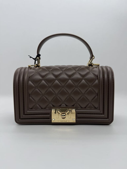 Taupe Quilted Leather Handbag with Gold Accent