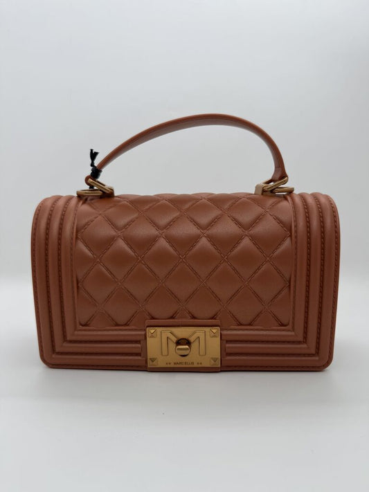 Tan Quilted Leather Handbag with Gold Hardware