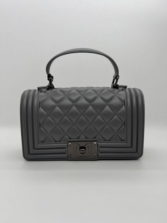 Gray Quilted Handbag with Top Handle and Metal Clasp