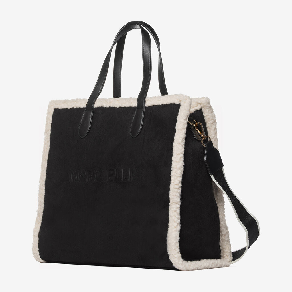 Black Faux Shearling Tote with Embossed Logo