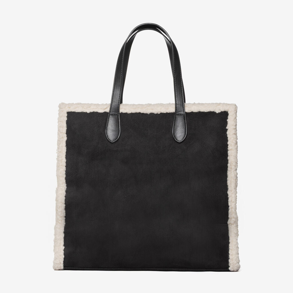 Black Faux Shearling Tote with Embossed Logo