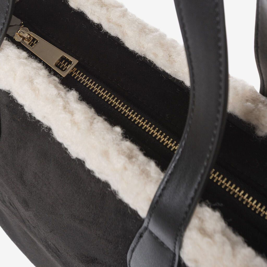 Black Faux Shearling Tote with Embossed Logo
