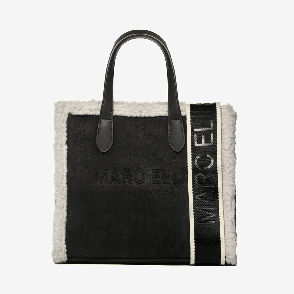 Black Faux Shearling Tote with Statement Strap