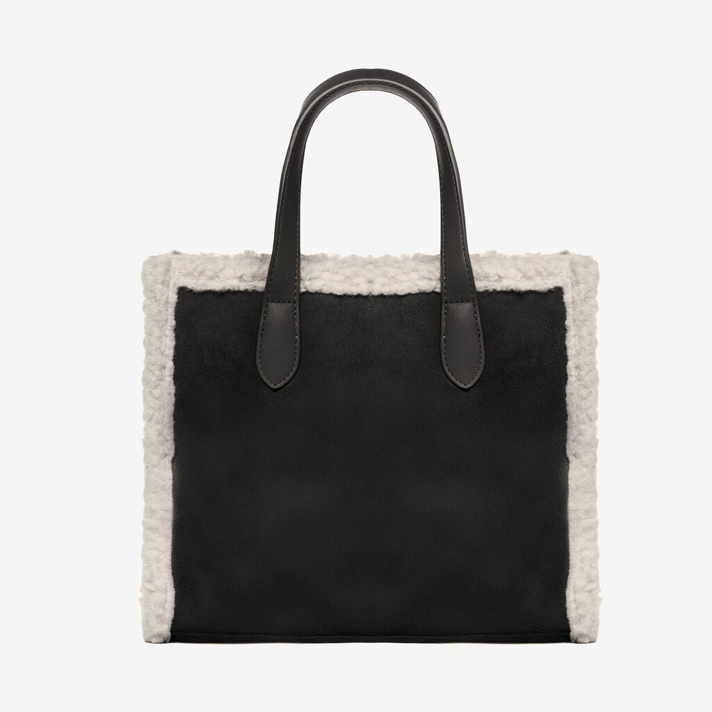 Black Faux Shearling Tote with Statement Strap