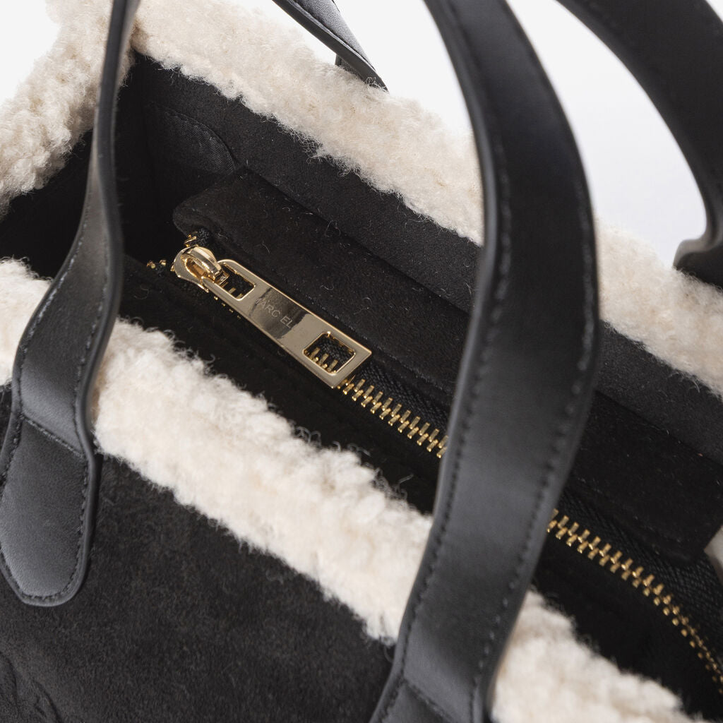 Black Faux Shearling Tote with Statement Strap