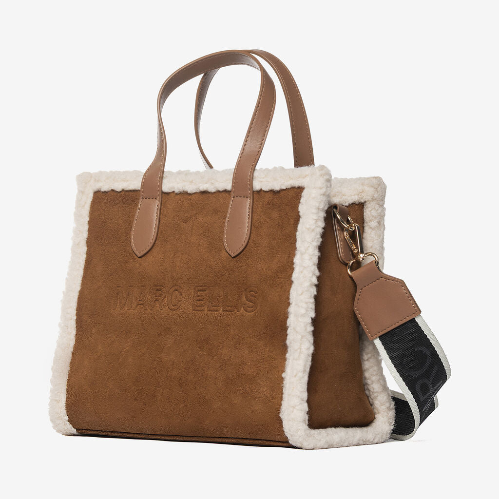 Brown Faux Suede Tote Bag with Textured Trim